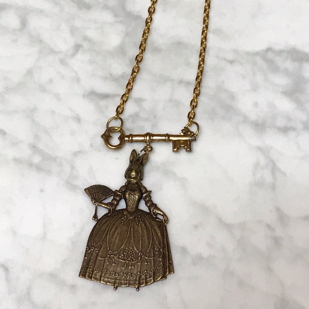 Antique Brass Rococo Bunny Necklace